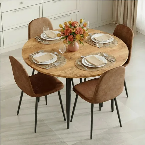 Vista 10 de FURNITO Juego de mesa de comedor de madera para 4, mesa extensible redonda a ovalada de 42 a 54 pulgadas con 4 sillas de tela, juego de comedor 4