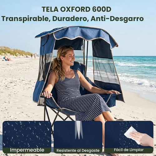Vista 6 de DoCred Silla de playa con toldo plegable, portátil y plegable, con bolsa enfriadora y soporte para tazas, tumbonas de playa reclinables