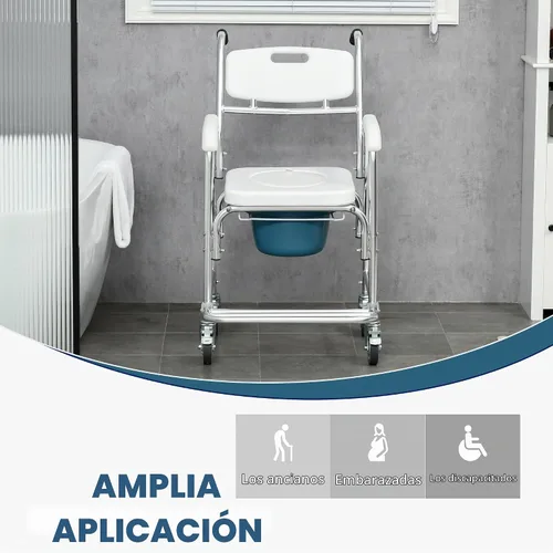 Vista 5 de HOMCOM Silla de ruedas 3 en 1 para ducha, apta para FSA/HSA, silla de inodoro impermeable enrollable con asiento acolchado, capacidad