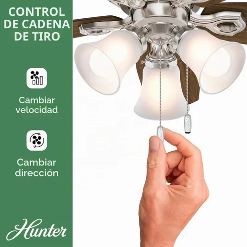 Vista 4 de Hunter Constructor, para interiores, ventilador de techo, cadena de tracción, 42 pulgadas, níquel cepillado con luces LED, montaje empotrado