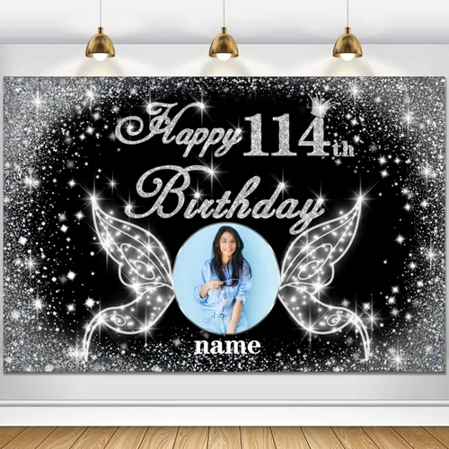 Vista 73 de Cartel personalizado de decoración de fiesta de cumpleaños número 100 - tema de alas de ángel - negro y plateado HY-NLK-100º