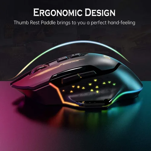 Vista 3 de UHURU Mouse inalámbrico para juegos, con cable e inalámbrico, doble modos, recargable RGB con 7 botones programables, ergonómico y 5 niveles de DPI