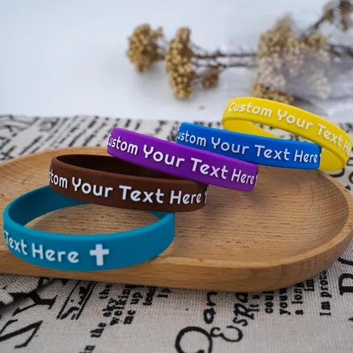 Vista 2 de 10/30/50/100 pulseras de silicona personalizadas para eventos, fiestas, conciencia, pulseras multicolor personalizadas a granel Texto en relieve