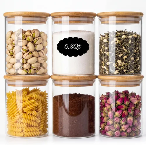 Vista 10 de Paquete de 6 tarros pequeños redondos de vidrio de 0.6 cuartos de galón con tapas de bambú Minimalist Kitchen Organizer,Pantry Storage