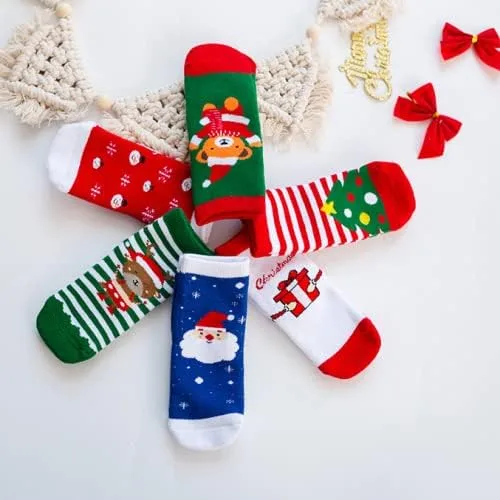 Vista 7 de SPTRAMLE Calcetines de Navidad para niños recién nacidos para niñas y niños 0-9 años 6 pares de calcetines navideños para bebés