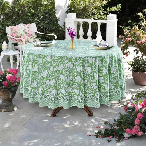 Vista 47 de Ridhi Mantel redondo estampado a mano color rosa flamenco 110 pulgadas 100%