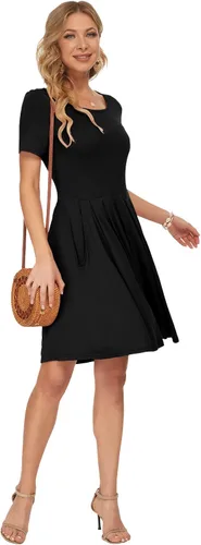Vista 4 de AUSELILY - Minivestido de manga corta para mujer, plisado, con volantes, acampanado, con botón