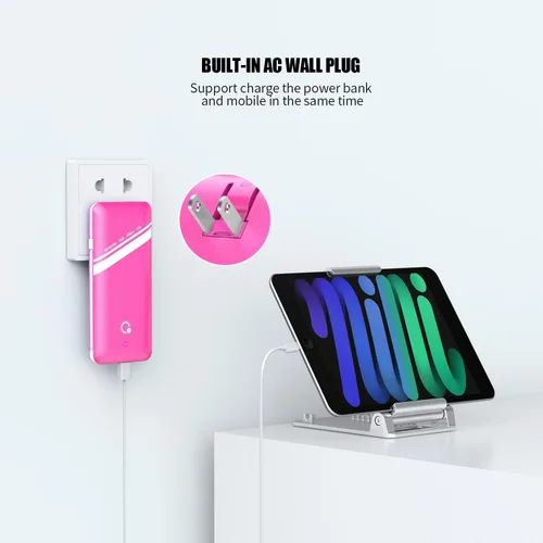 Vista 3 de Cargador portátil Q Slim de 10000 mAh, batería externa de 4 salidas con enchufe de pared de CA integrado, micro USB C, tres cables compatibles