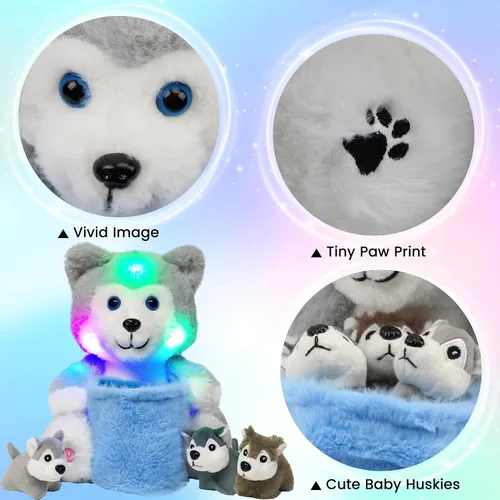 Vista 5 de Hopearl Husky de peluche LED con cubo extraíble que ilumina tu mamá y perro con 3 cachorros en la cesta, juego de animales de peluche disquetes
