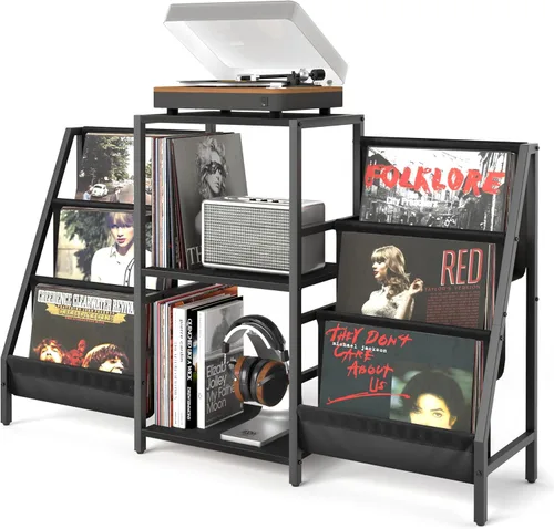 Vista 14 de Soporte para Reproductor de Discos, Soporte para Tocadiscos con Almacenamiento para 300 Discos de Vinilo, Mesa para Reproductor de Discos