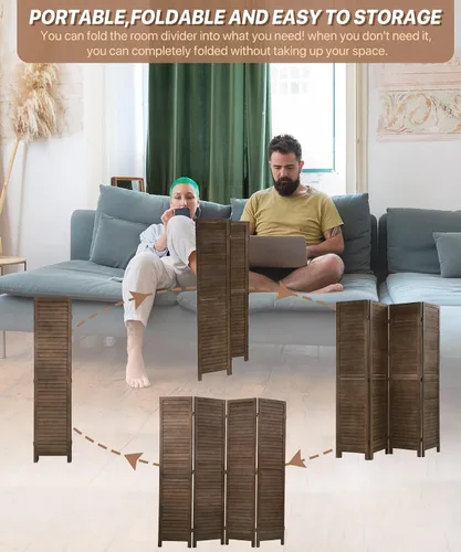Vista 2 de Divisor de habitación de 4 paneles, pantalla de privacidad de madera, divisor de pared interior de 5.75 pies, pantalla de división portátil