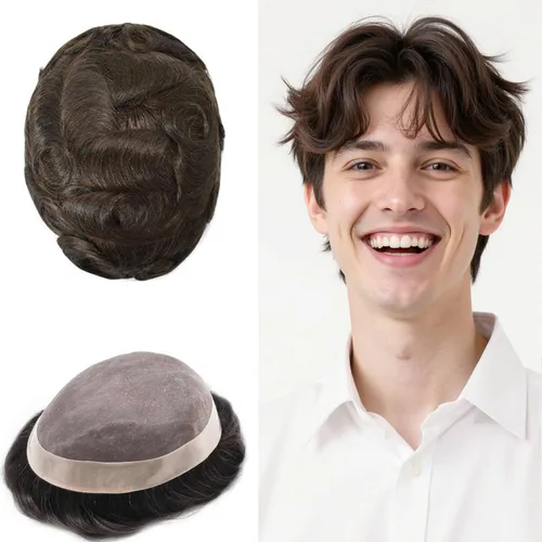 Vista 30 de Mens Toupee Hair Piece Real Human Hair Fine Mono Toupee para hombres Sistema de reemplazo de cabello para hombre Postizo Protesis Capilar Para