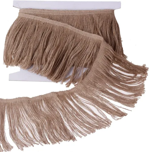 Vista 7 de Borde de arpillera con flecos de yute y borlas, 4 pulgadas de ancho, 5 yardas de largo para accesorios de ropa, vestidos de novia latinos