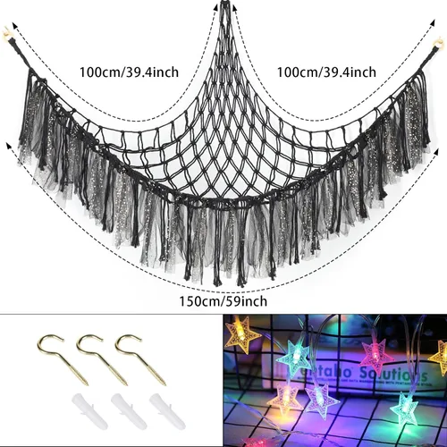 Vista 2 de Hamaca de animales de peluche con luces LED, red grande de almacenamiento de juguetes de 59 pulgadas para dormitorio de niños, organizador de felpa