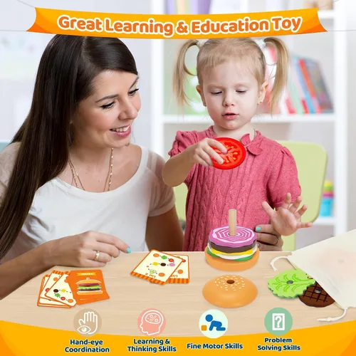 Vista 6 de Jumlys Montessori Juguetes de Madera Apilables de Hamburguesa para Niños de 2, 3, 4, 5 Años, Juguetes de Motricidad Fina para Niños y Niñas