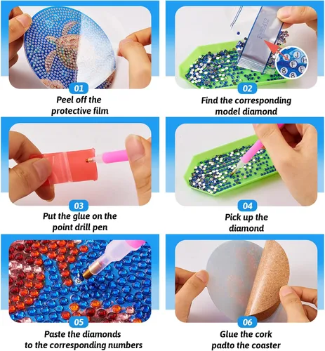 Vista 5 de Craftdady Juego de 8 piezas de pintura de diamantes oceánicos para adultos, posavasos de arte de diamantes con soporte, posavasos acrílicos