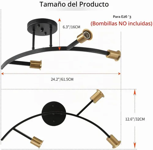 Vista 3 de Lámpara de Araña Sputnik Moderna Negra y Dorada de 3 Luces Semi Empotrada Luminaria de Techo para Entrada, Pasillo, Cocina, Dormitorio