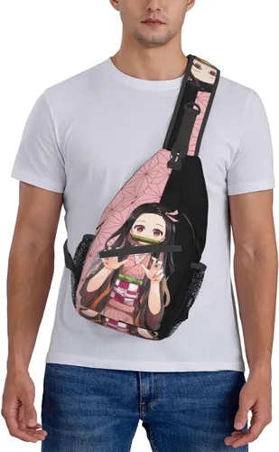 Vista 6 de Aolazw Mochila de anime Nezukos unisex cruzada mochila manga solo hombro bolsa pecho bolsa Cosplay Daypack, N1, Mochilas Sling