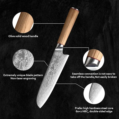 Vista 4 de Cuchillo Santoku de 8 pulgadas, cuchillo de cocina japonés profesional con acero de Damasco de 66 capas, borde afilado, mango ergonómico