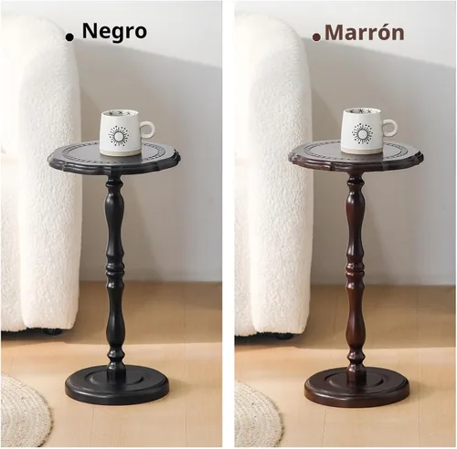 Vista 9 de Mesa de bebidas, mesa auxiliar pequeña para espacios pequeños, mesita de noche redonda de madera maciza moderna para sala de estar, dormitorio, Negro