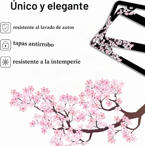 Vista 5 de Marco de matrícula con flores de cerezo en rosa premium, soporte de placa de matrícula de acero compatible con todas las placas de matrícula