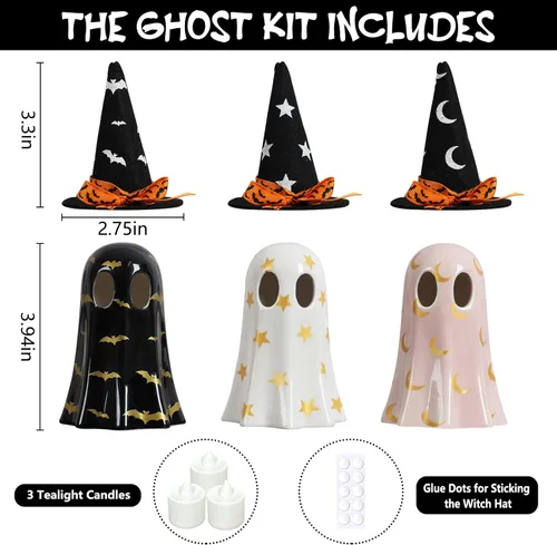 Vista 4 de DAZONGE Decoración de Halloween para interiores, juego de 3 fantasmas de cerámica con sombreros de bruja, bonitas figuras de fantasmas espeluznantes
