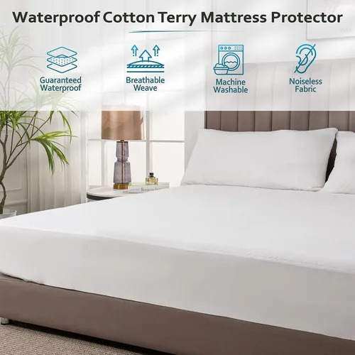 Vista 2 de Protector de colchón premium 100% impermeable, hipoalergénico, libre de vinilo, transpirable, superficie de algodón suave con bucles. -, Algodón
