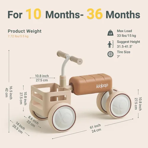Vista 2 de Kidpop Toast Baby Walker - Andador convertible empujable con asiento desmontable, marco triangular antivuelco y canasta de grado alimentario