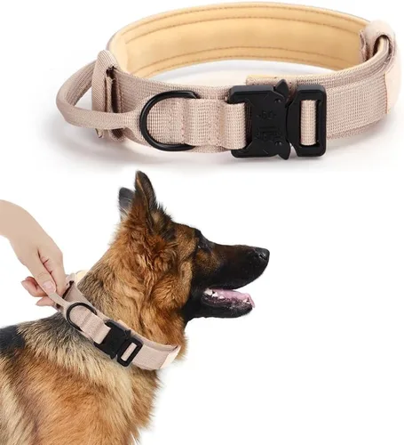 Vista 7 de Collar táctico para perro, collar de entrenamiento militar ajustable de nailon para perro con mango de control y hebilla de metal pesado de Marrón