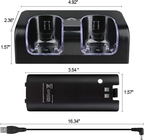 Vista 7 de Estación de carga Wii, base de carga dual con dos baterías recargables de 2800 mAh para control remoto Wii (negro)
