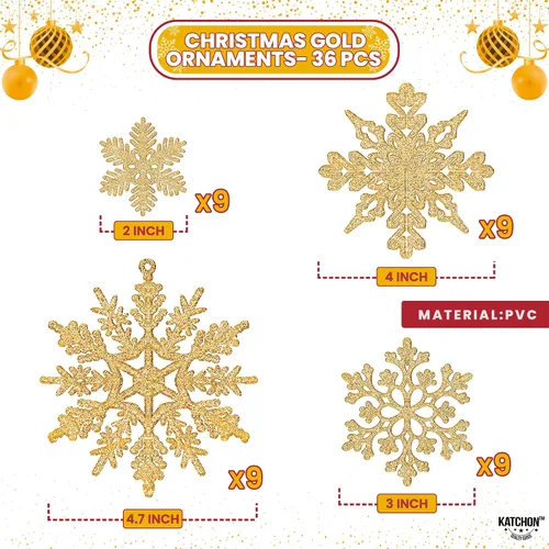 Vista 2 de KatchOn, Adornos dorados de copo de nieve para árbol de Navidad, grande, paquete de 36 unidades, adornos de copo de nieve con purpurina