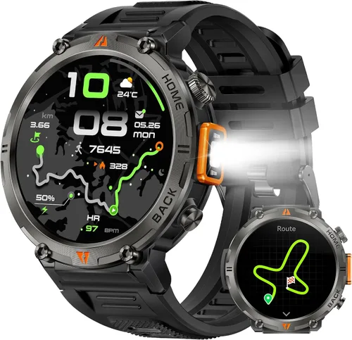 Vista 9 de Relojes inteligentes militares para hombres con GPS incorporado 3ATM impermeable con linterna de llamada/LED, reloj inteligente táctico resistente