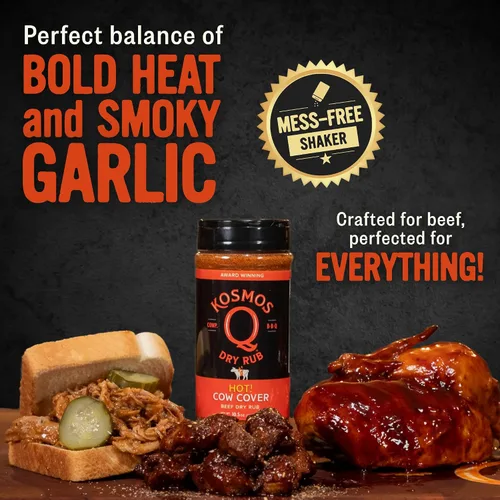 Vista 6 de Kosmos Q Funda de vaca Hot BBQ Rub, regalo del día del padre, condimento picante de bistec y pechuga con chile, ajo, cebolla, pimentón y humo