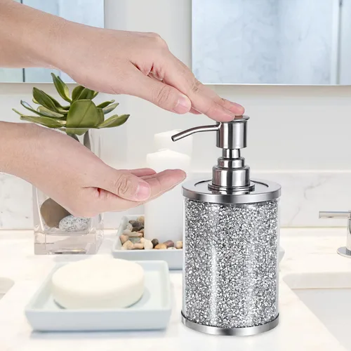 Vista 4 de JUXYES Botella dispensadora de jabón con diamantes triturados de cristal chispeante con bomba de acero inoxidable, lujoso dispensador de loción