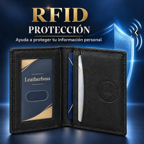 Vista 6 de Leatherboss Cartera Bifold Delgada de Cuero Genuino Porta Tarjetas de Crédito, Débito e ID Compacta y Elegante con Ventanas Transparentes