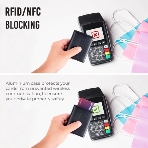 Vista 4 de Cartera para tarjetas de crédito, bolsillo frontal con bloqueo RFID, tarjetero con ranura para tarjetas emergentes, ventana de identificación