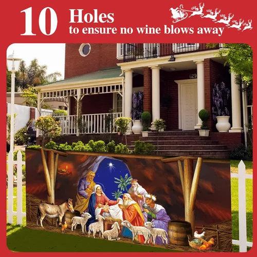 Vista 6 de Cubierta para puerta de cochera de Navidad Wesiti 6 x 13 pies, cartel religioso de Jesús, Feliz Navidad, para puerta de cochera, fondo de escena