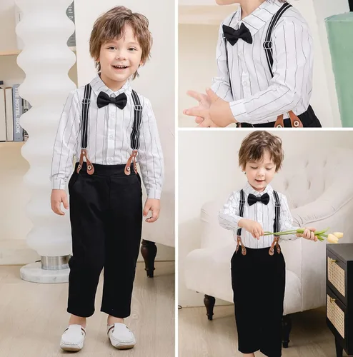 Vista 5 de Conjunto de 2 piezas para bebé, caballero blanco y negro con corbatín y pantalones para bebé, conjunto formal con tirantes