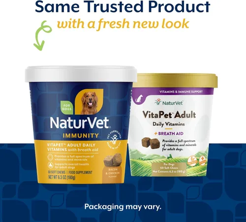 Vista 2 de NaturVet VitaPet Vitaminas diarias para adultos más ayuda para el aliento para perros adultos, 60 unidades masticables suaves, fabricados