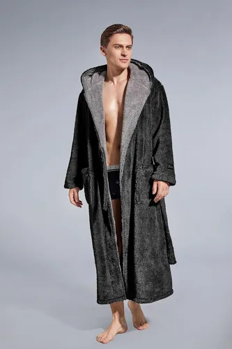 Vista 5 de Mens Fleece Plush Robe with Hood Ultra Soft Fluffy Full Length Long with Pockets Luxurious House Coat