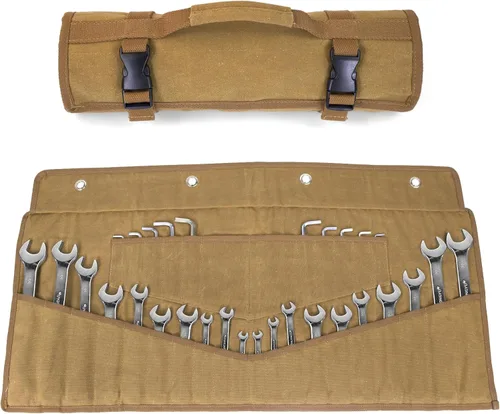 Vista 11 de Rollo de llaves de 30 bolsillos, resistente de 16 onzas. Bolsa organizadora de llaves de lona encerada para llaves métricas y SAE, bolsa de llaves
