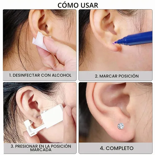 Vista 6 de Kit de piercings de oreja, kit de perforación de oreja sin dolor, kit de pistola de perforación de oreja fácil de usar con aretes de plata de 0.118