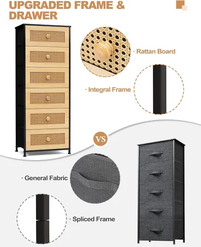 Vista 5 de Crestlive Products Cómoda de ratán, torre de almacenamiento alta de tela, cómoda con asas, unidad organizadora para dormitorio, pasillo, entrada