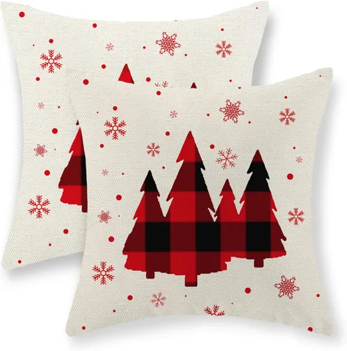 Vista 43 de Juego de 2 fundas de almohada navideñas de 16 x 16 pulgadas, fundas de almohada de lino color rojo con diseño de alces y ciervos de invierno
