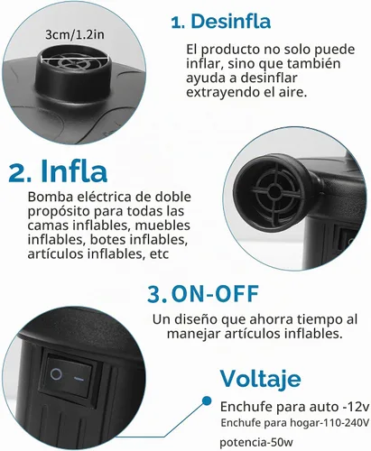 Vista 6 de Bomba de aire eléctrica inflable, bomba de inflado rápida portátil de 110 V AC/12 V CC con 3 boquillas, utilizada para barcos inflables, etc