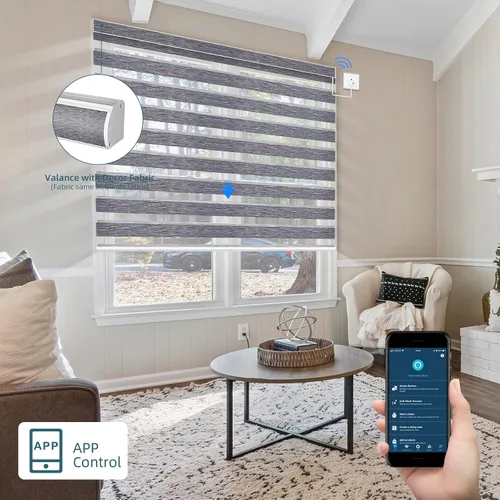 Vista 3 de Persianas motorizadas de cebra compatibles con HomeKit, Alexa, Google, persiana enrollable de doble capa con motor cableado Wi-Fi/Bluetooth, 110