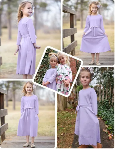 Vista 6 de Arshiner Vestido de fiesta para niñas con ribete festoneado, cinturón, acampanado, formal, por debajo de la rodilla, con bolsillos, para 6-15 años