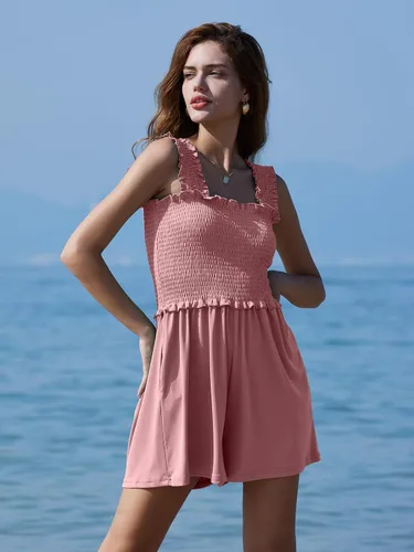 Vista 6 de DEEP SELF Mameluco de verano sin mangas para mujer, cuello cuadrado, tirantes con volantes, con bolsillos