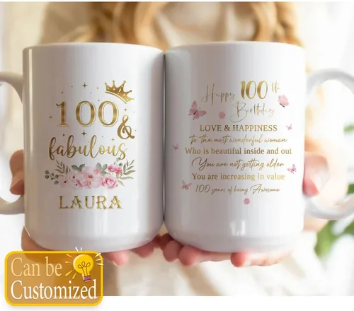 Vista 2 de Taza de cerámica única para regalo de cumpleaños número 100 y fabuloso, 100 años, idea de regalo, nombre personalizado, 11 onzas, 15 onzas