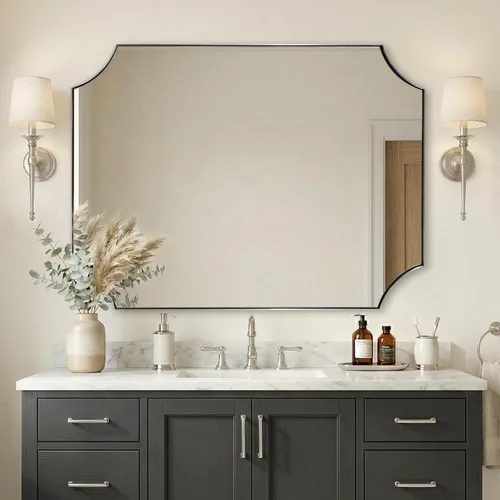 Vista 11 de ANDY STAR Espejo de baño de bronce cepillado, espejo festoneado de 24 x 36 pulgadas para baño, espejo rectangular de bronce antiguo con marco